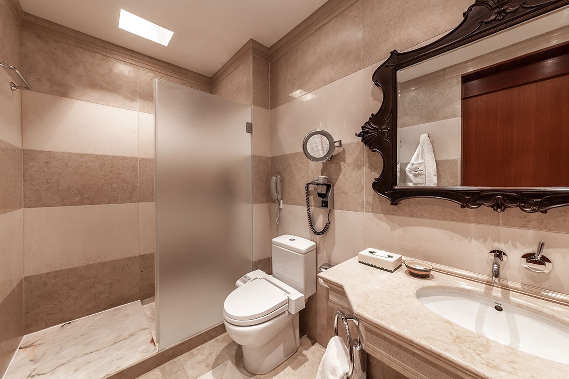 a bathroom with a toilet a sink and a mirror