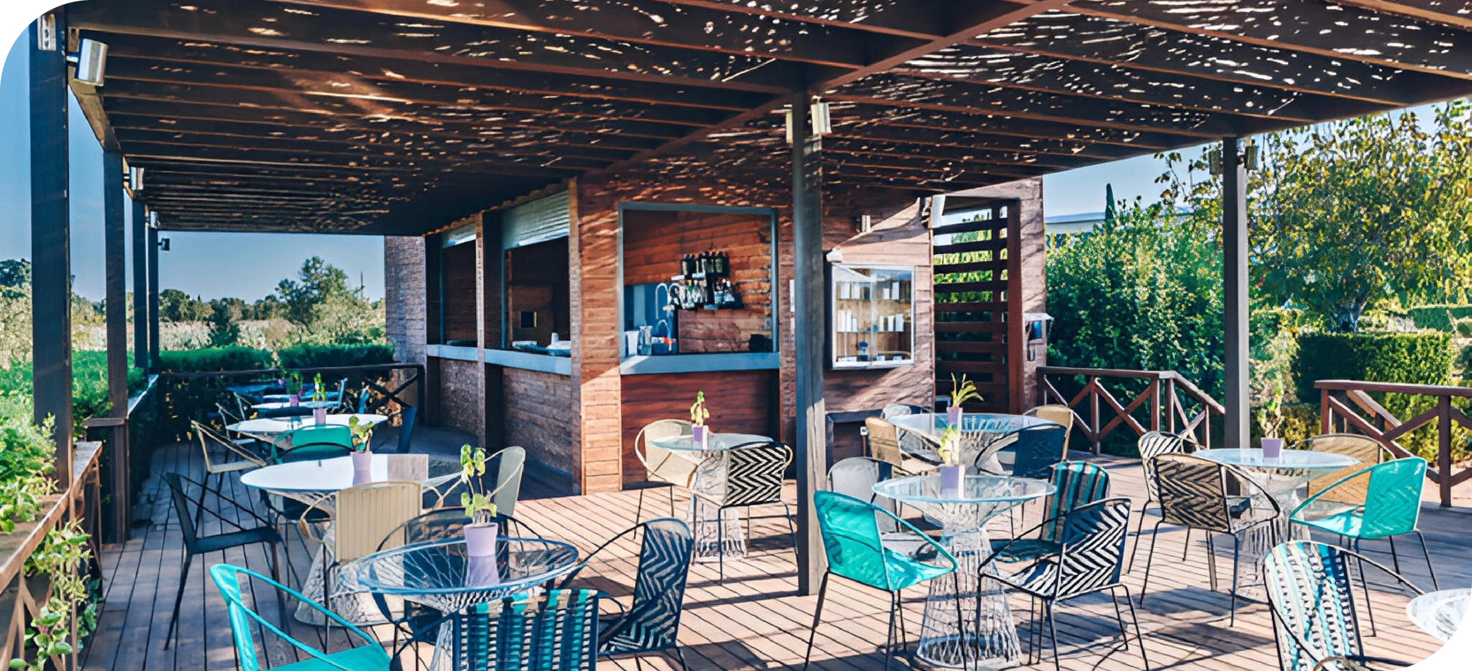 a patio with tables and chairs and a bar