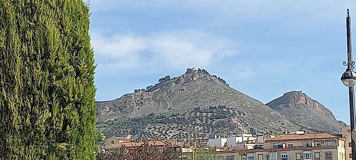 una ciudad con una montaña en el fondo