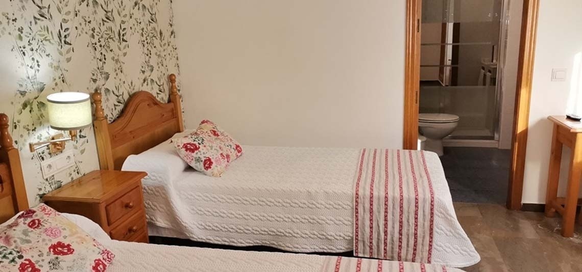 a bedroom with two beds a nightstand and a toilet