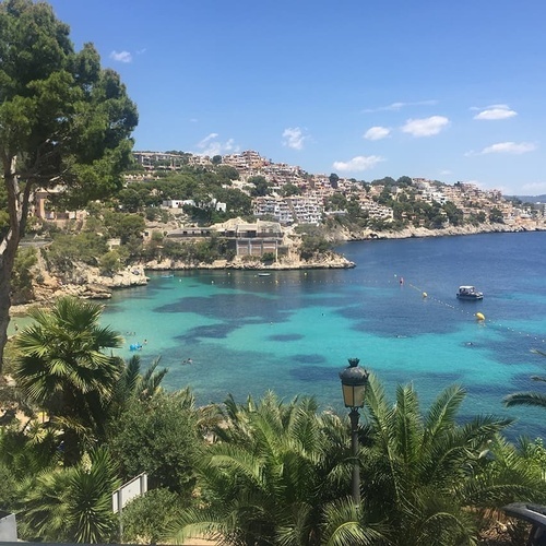 ein Blick auf einen Strand mit einer Stadt im Hintergrund