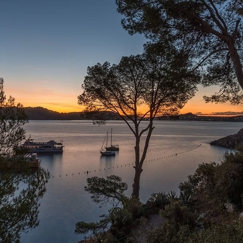 ein Sonnenuntergang über einem See mit Booten und Bäumen im Vordergrund