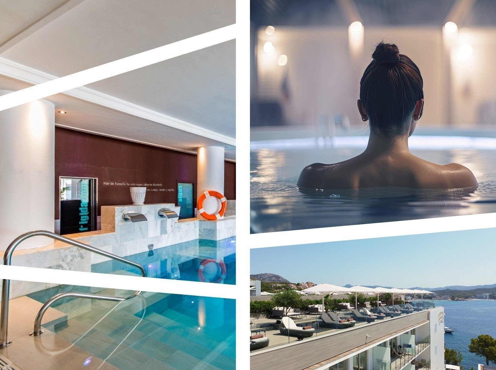 un collage de fotos que muestra un océano y una piscina