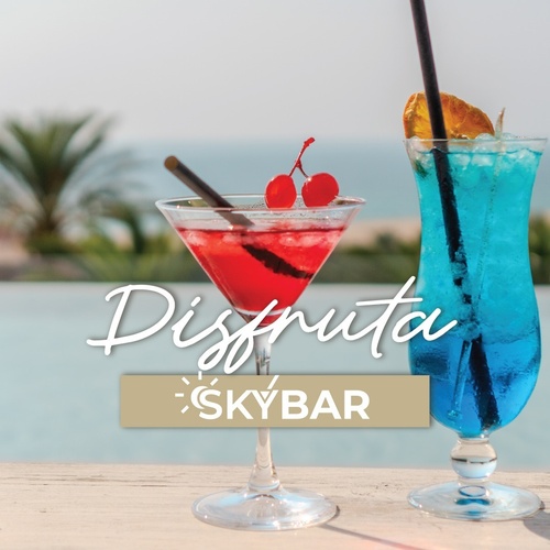 un cartel con dos cócteles y la palabra skybar