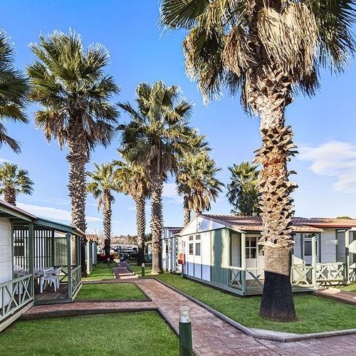 una fila de casas con palmeras en el fondo