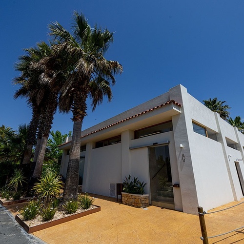 una casa blanca rodeada de palmeras y un cielo azul