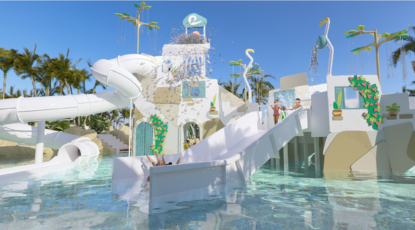 un tobogán en un parque acuático con la letra c en la parte superior
