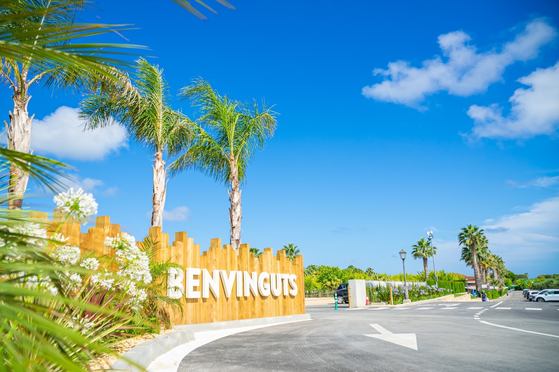 un letrero de bienvinguts en un parque con palmeras