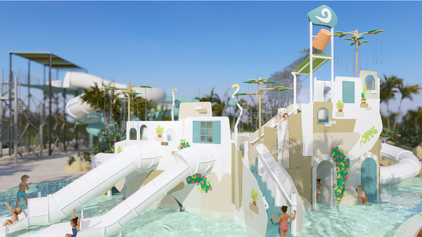 un grupo de niños están jugando en un parque acuático