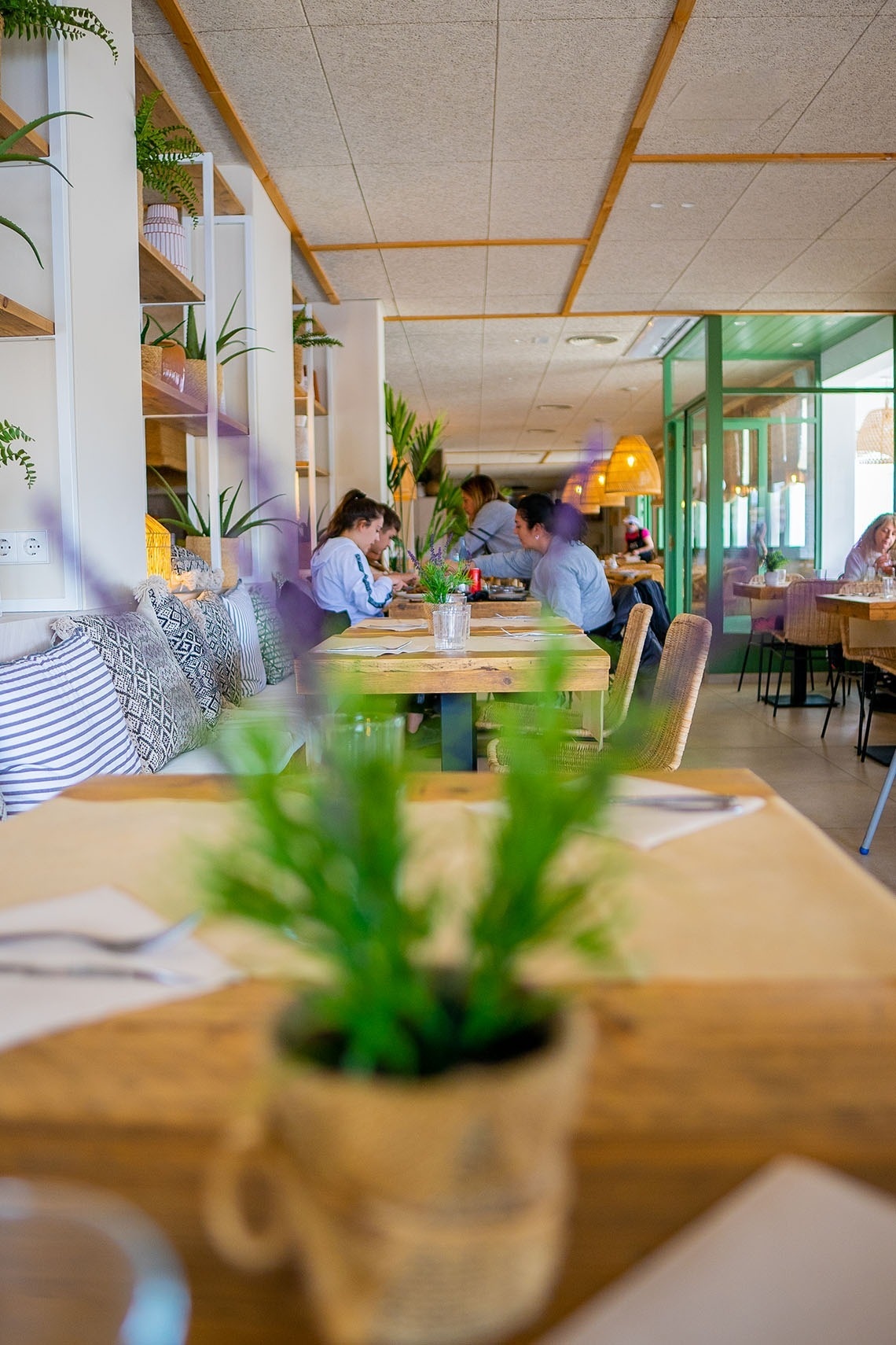 una mesa en un restaurante con una planta en primer plano