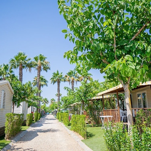 una fila de casas móviles a lo largo de un camino de grava