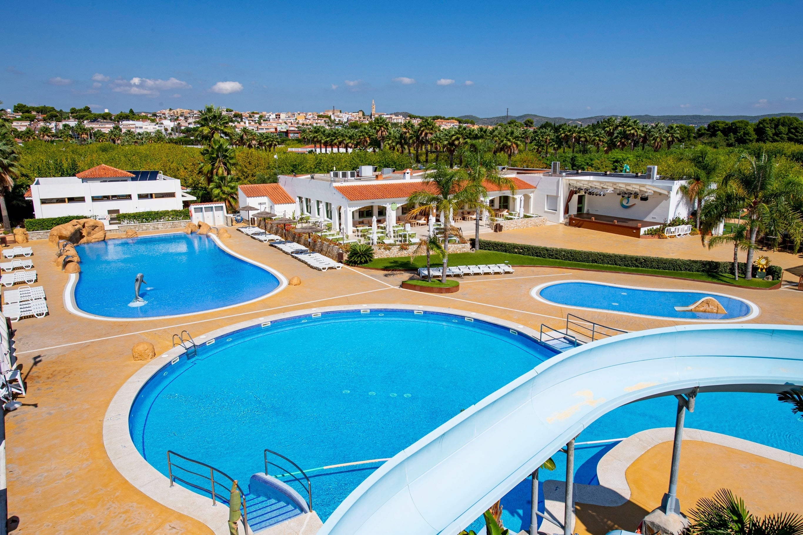 una piscina rodeada de palmeras y sillas de playa
