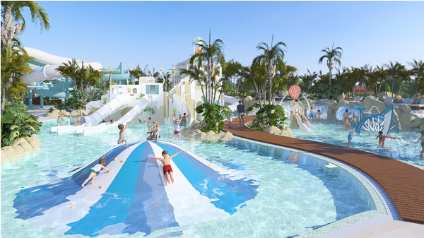 un grupo de niños juegan en una piscina en un parque acuático