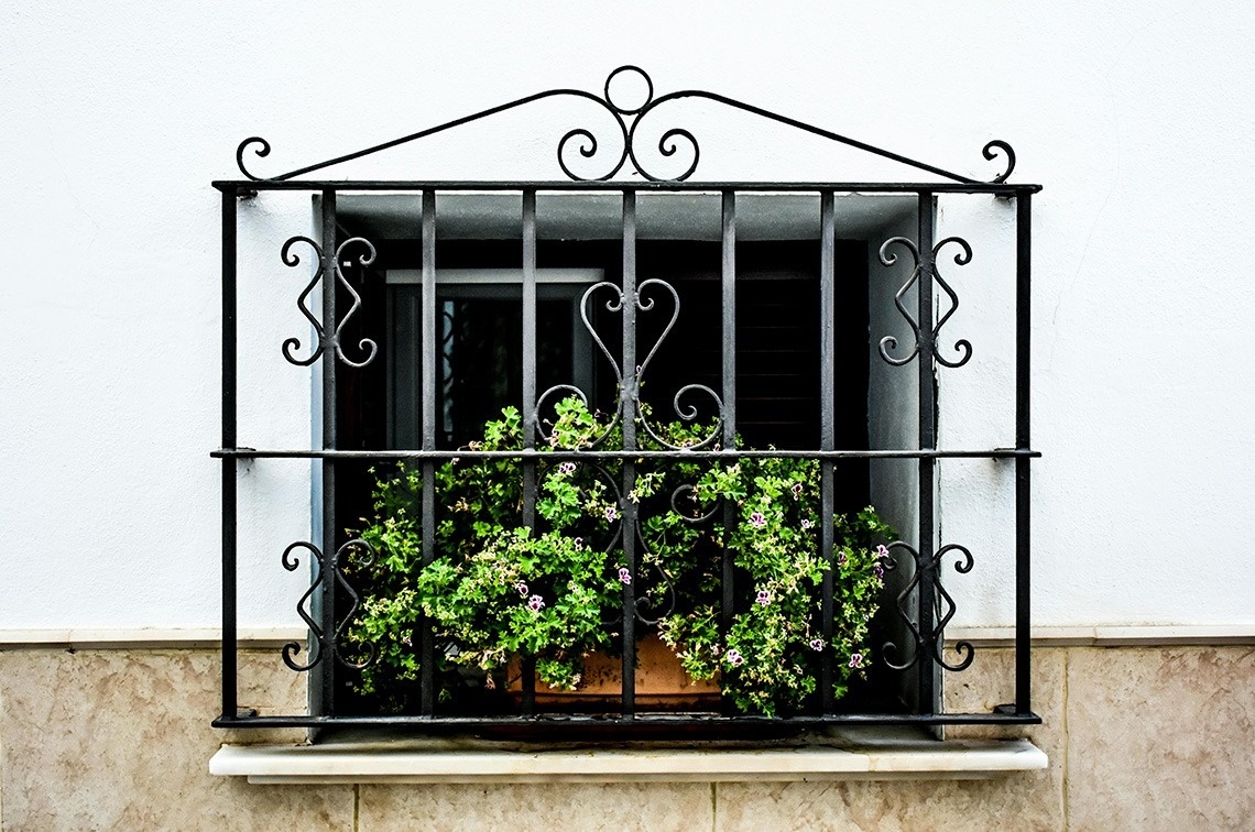 una ventana con una rejilla de hierro forjado y flores dentro
