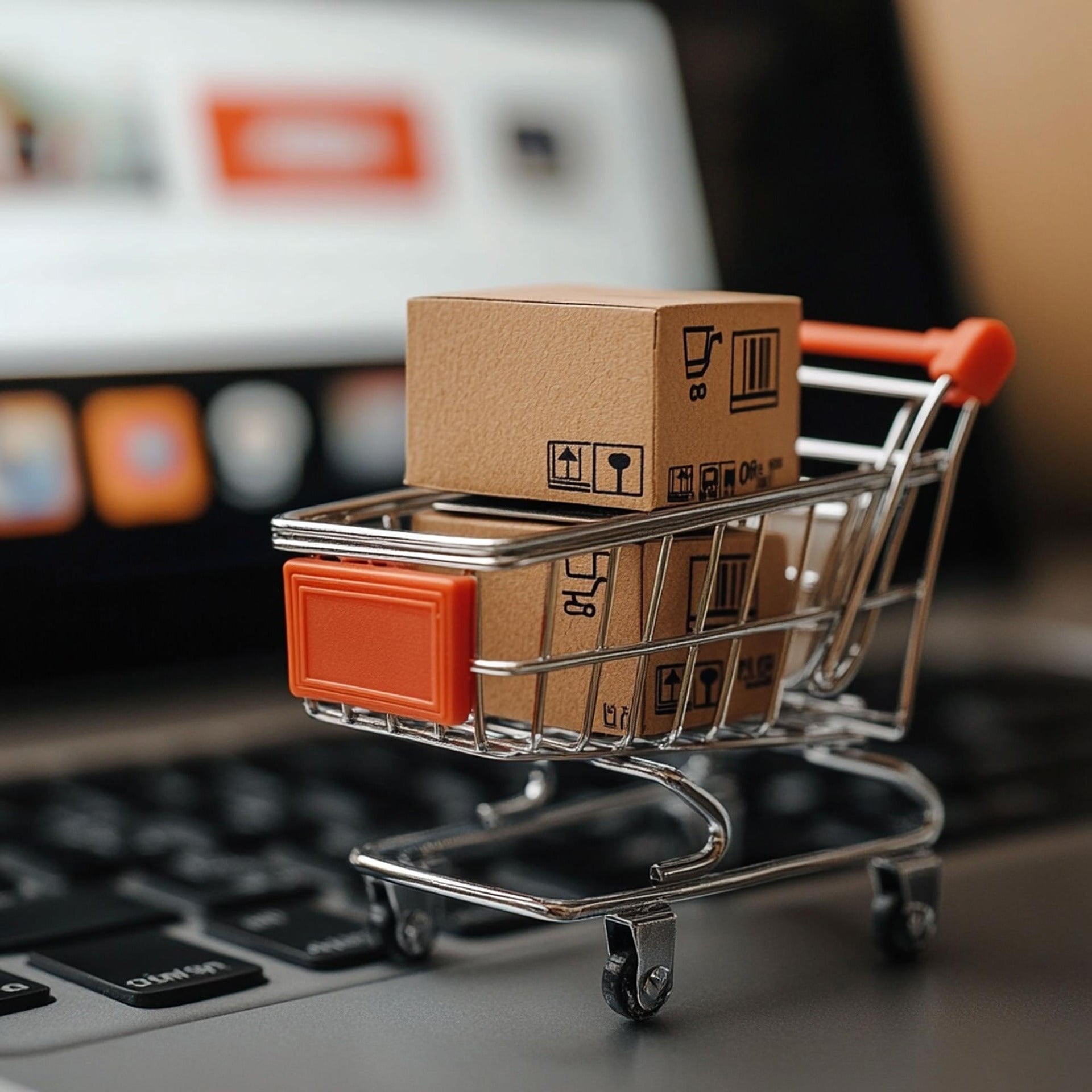 Carrito con paquetes sobre laptop para compras online. Estrategias para dominar la Buy Box de Amazon y aumentar ventas con datos reales.