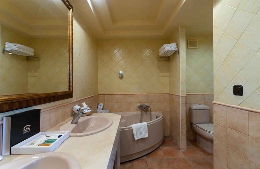 un cuarto de baño con una bañera y un inodoro