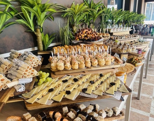 Una mesa de buffet está dispuesta con una gran variedad de aperitivos, quesos, sushi y otros alimentos, con plantas decorativas en el fondo.