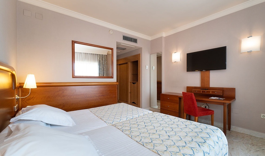 una habitación de hotel con dos camas y una televisión