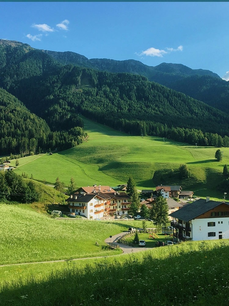 Eine Gruppe von Häusern steht auf einer grünen Wiese mit Bergen im Hintergrund