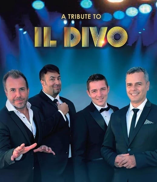 un grupo de hombres con trajes y corbatas están parados uno al lado del otro en un cartel que dice tributo a il divo