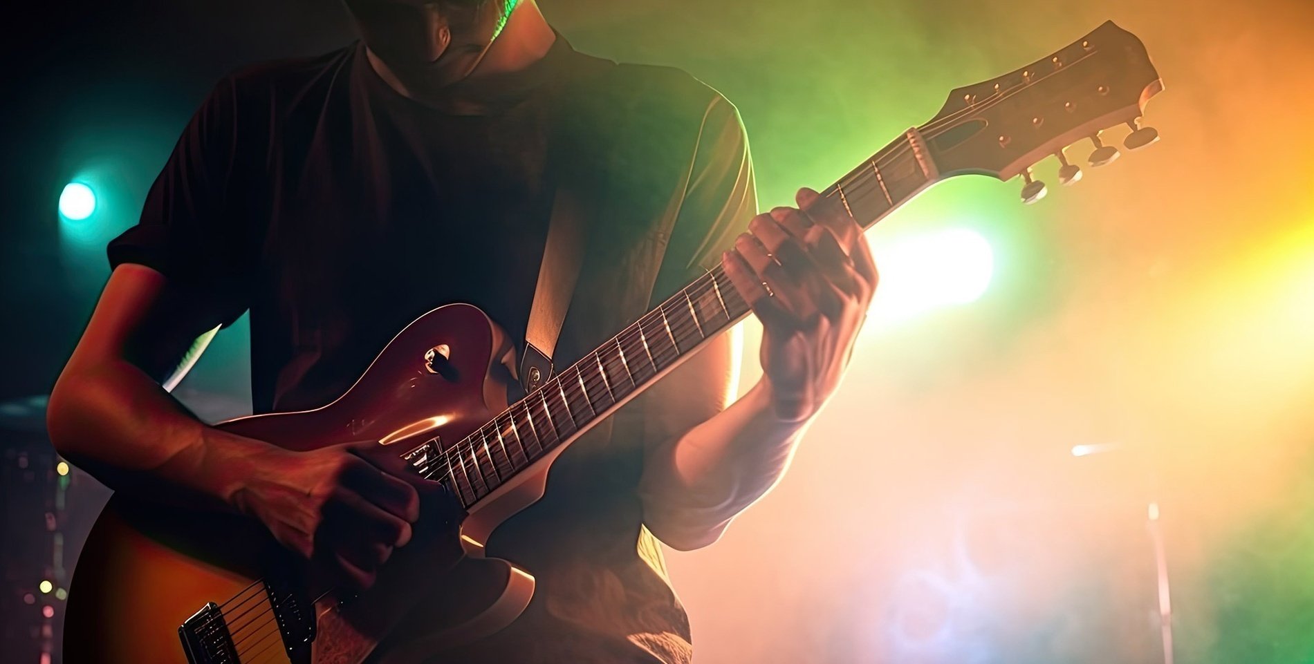 un hombre toca una guitarra en un escenario con luces verdes y amarillas