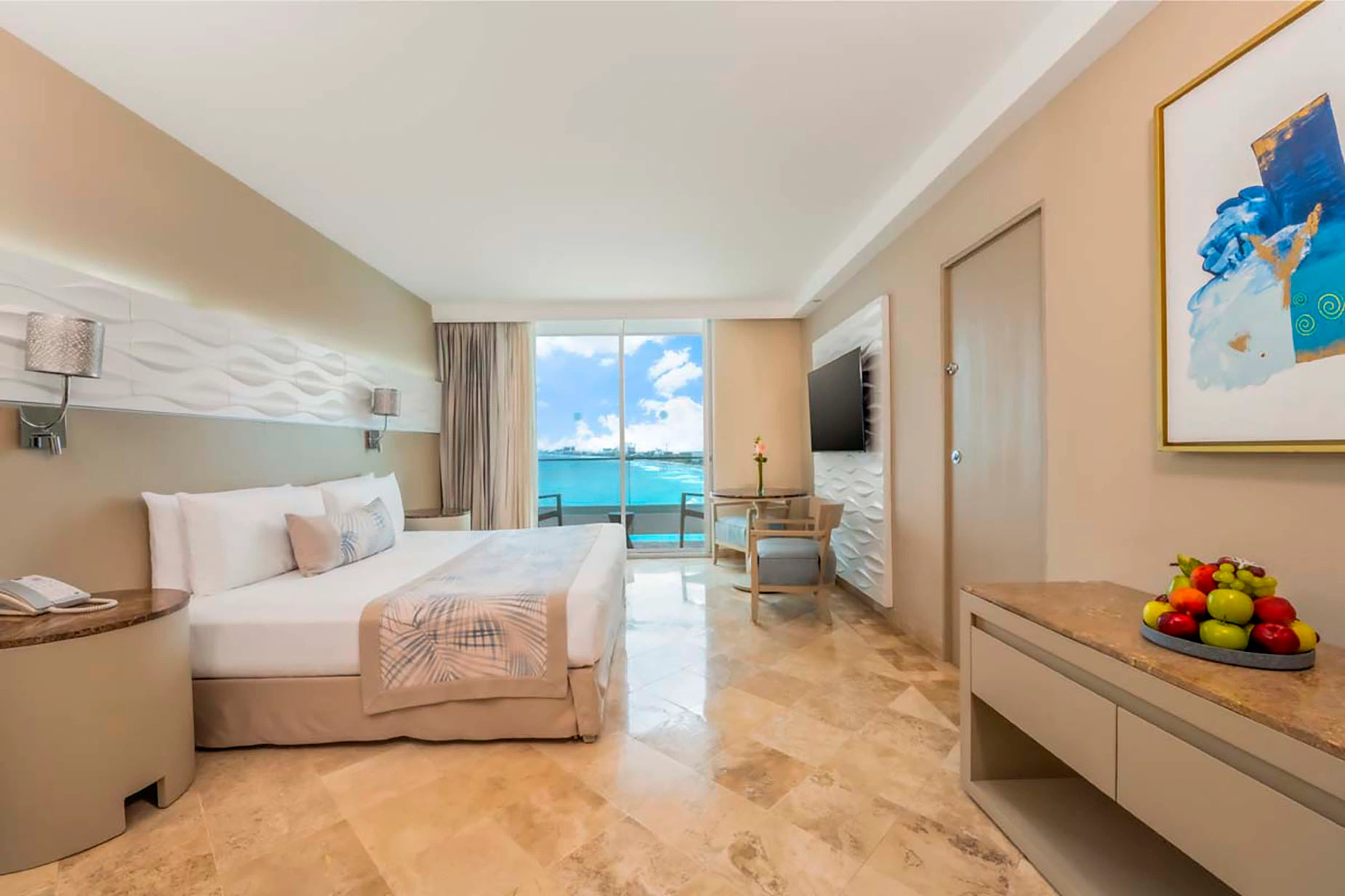 Luxurious hotel room with ocean view, king bed, and modern decor. DEMO 3