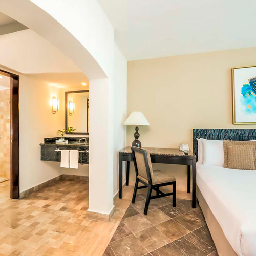Modern hotel room with ensuite shower, desk, and king bed DEMO 3.