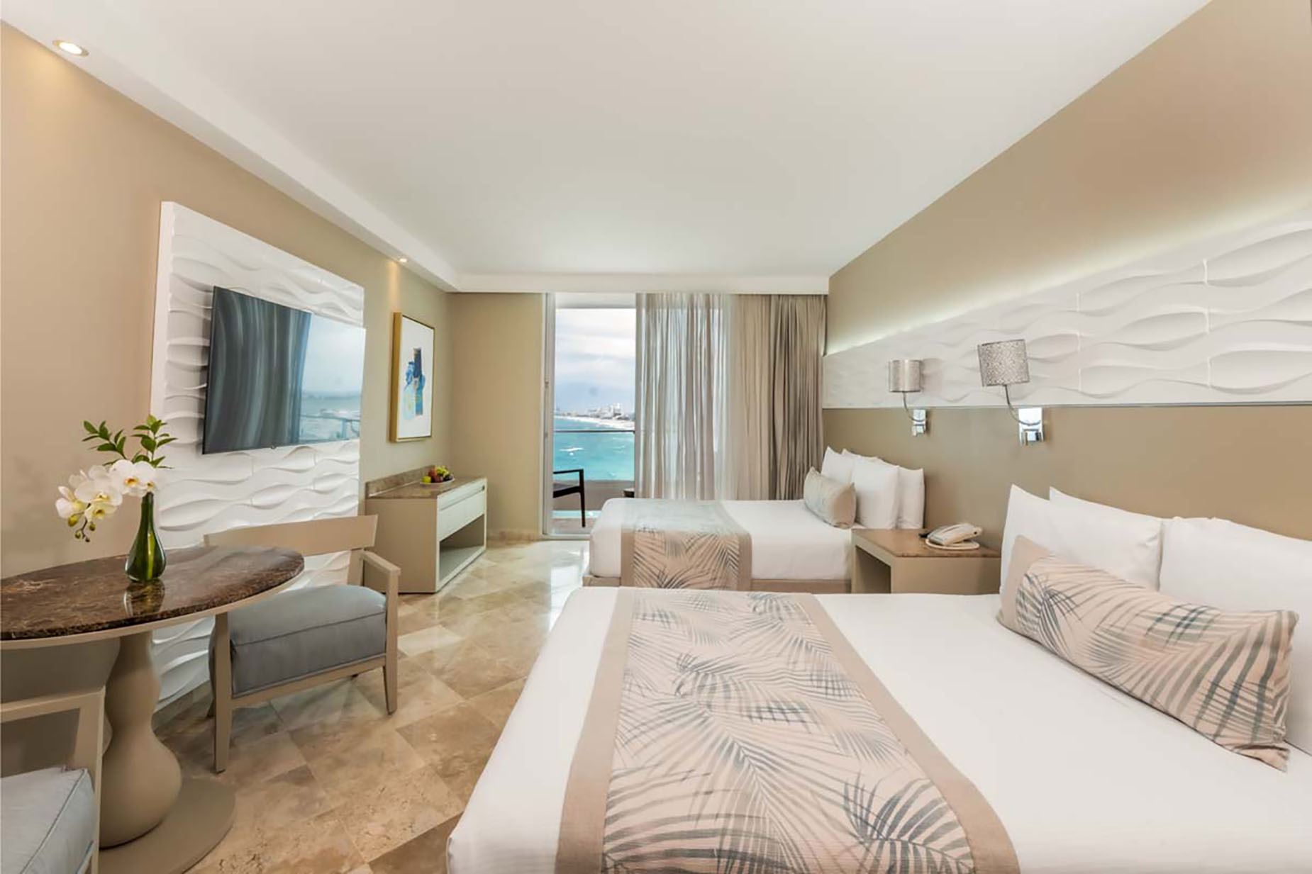 Luxury hotel room with two beds, ocean view balcony, and modern decor. DEMO 3