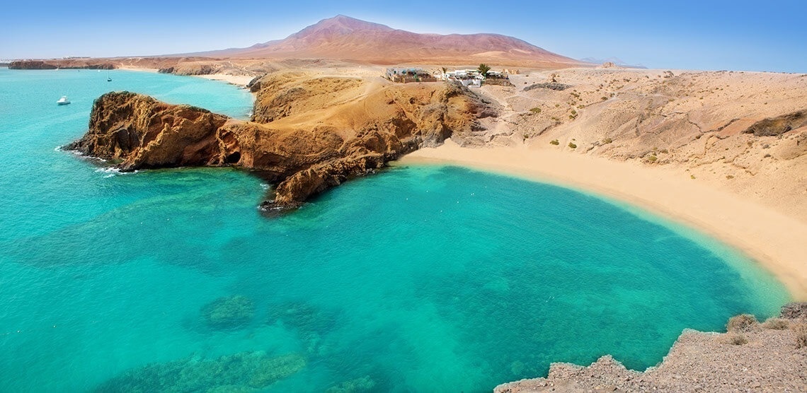 a sandy beach with a mountain in the background