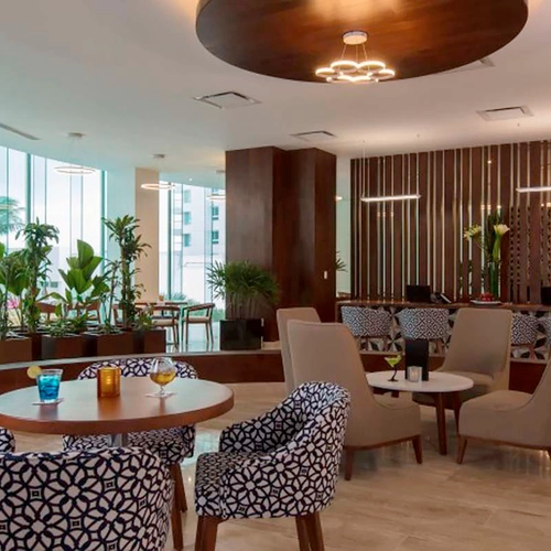 Hotel lobby seating area with plants and bar seating. DEMO 3