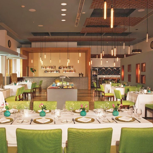 Elegant restaurant dining room with green chairs and tables set for a meal, perfect for DEMO 3.