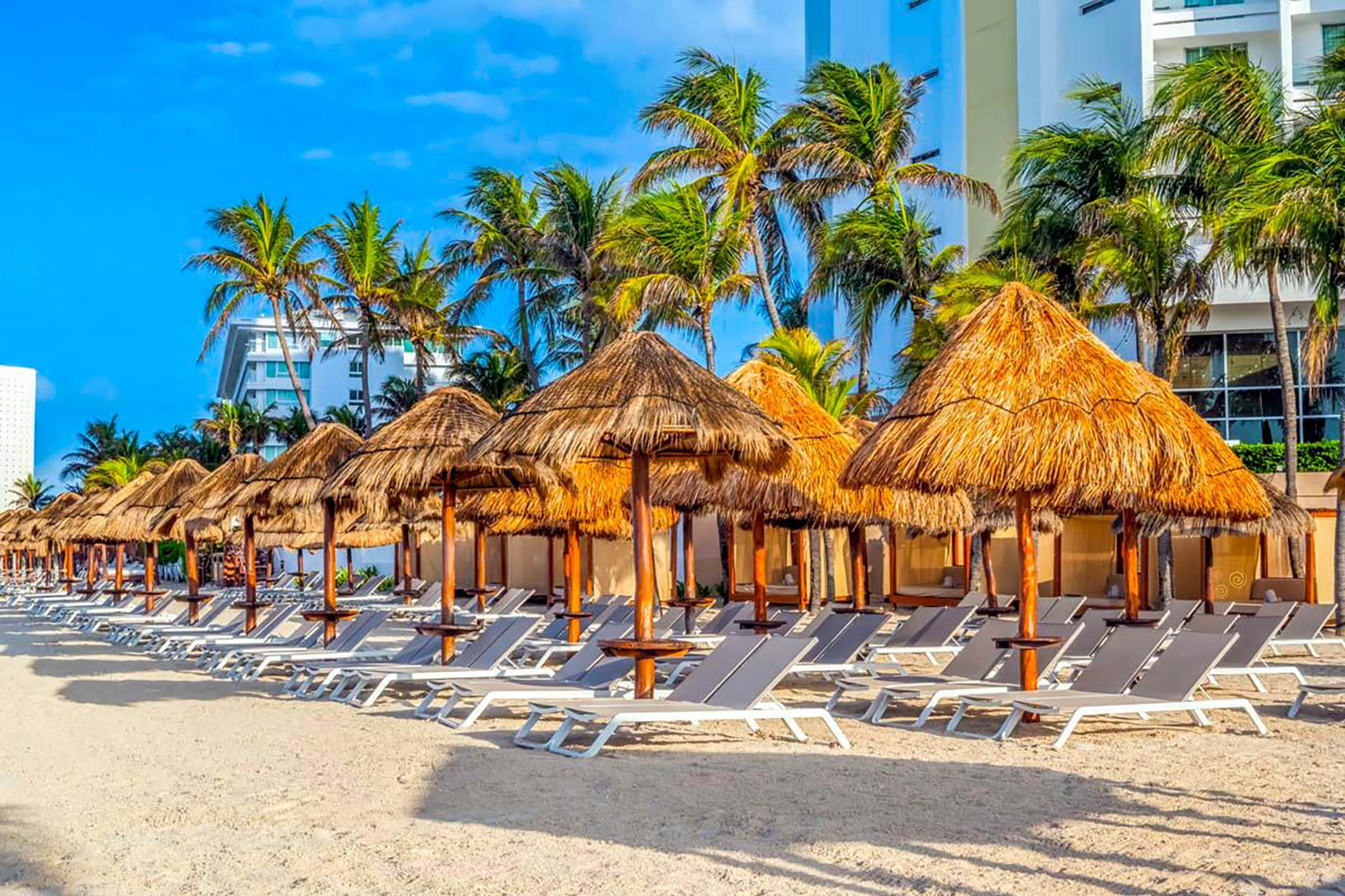 Beach chairs and thatched umbrellas at a tropical hotel, perfect for DEMO 3.