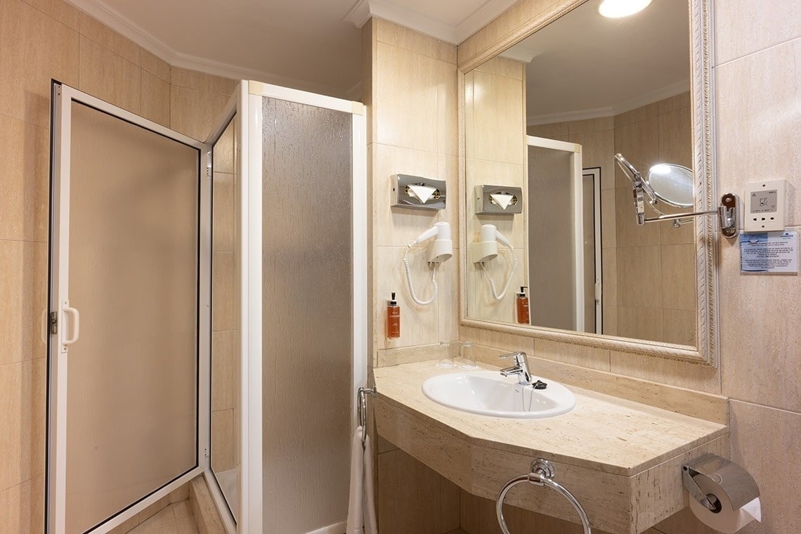 a bathroom with a sink a mirror and a shower