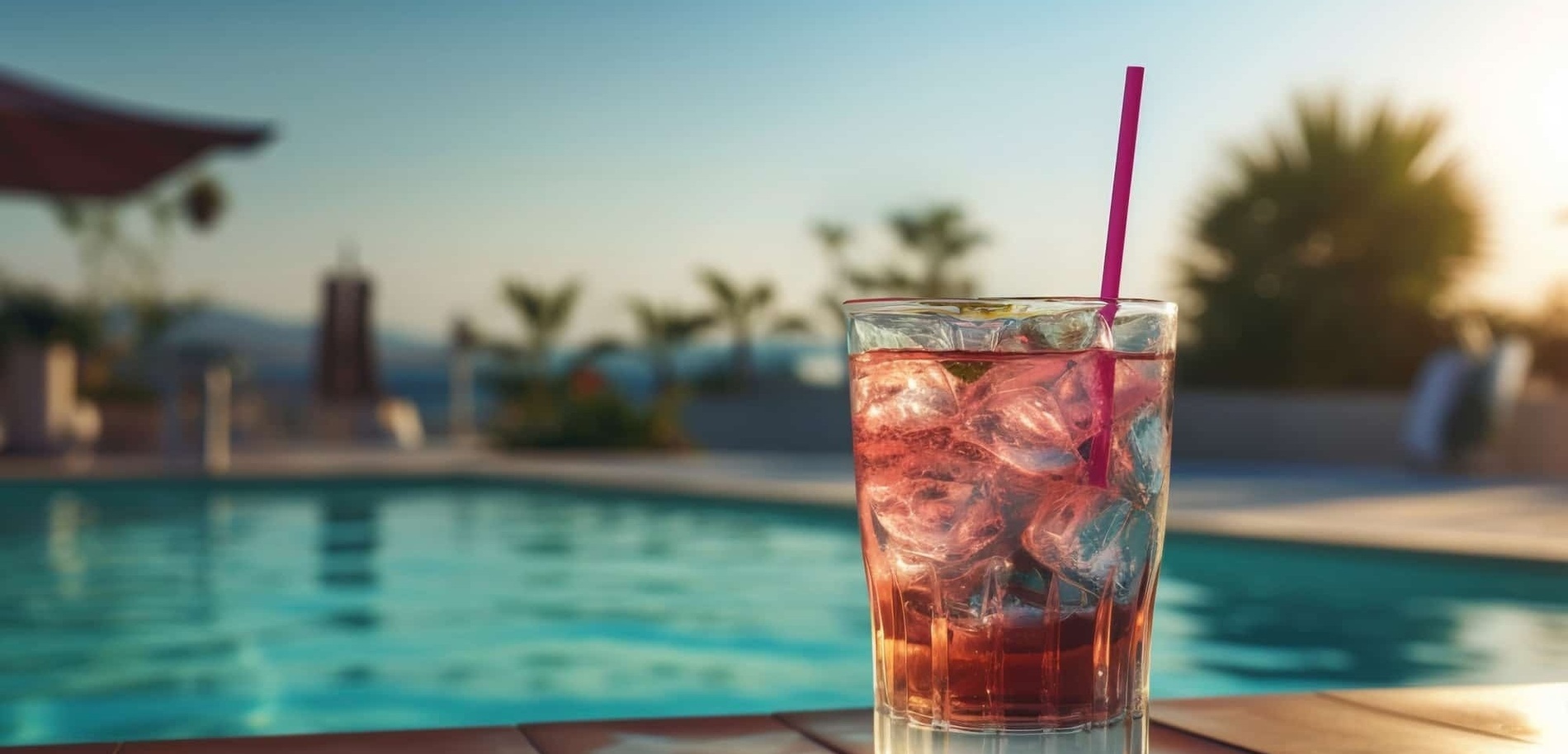 a glass of pink liquid with ice and a pink straw in front of a swimming pool