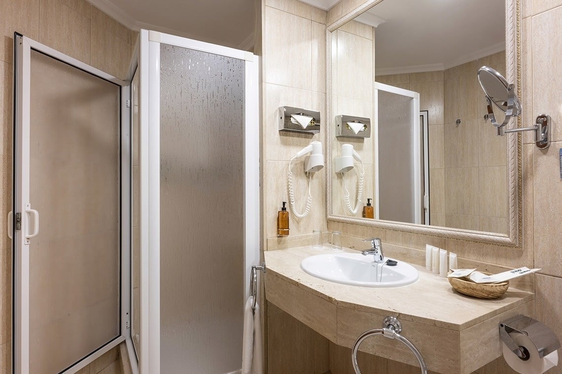 a bathroom with a sink a mirror and a shower