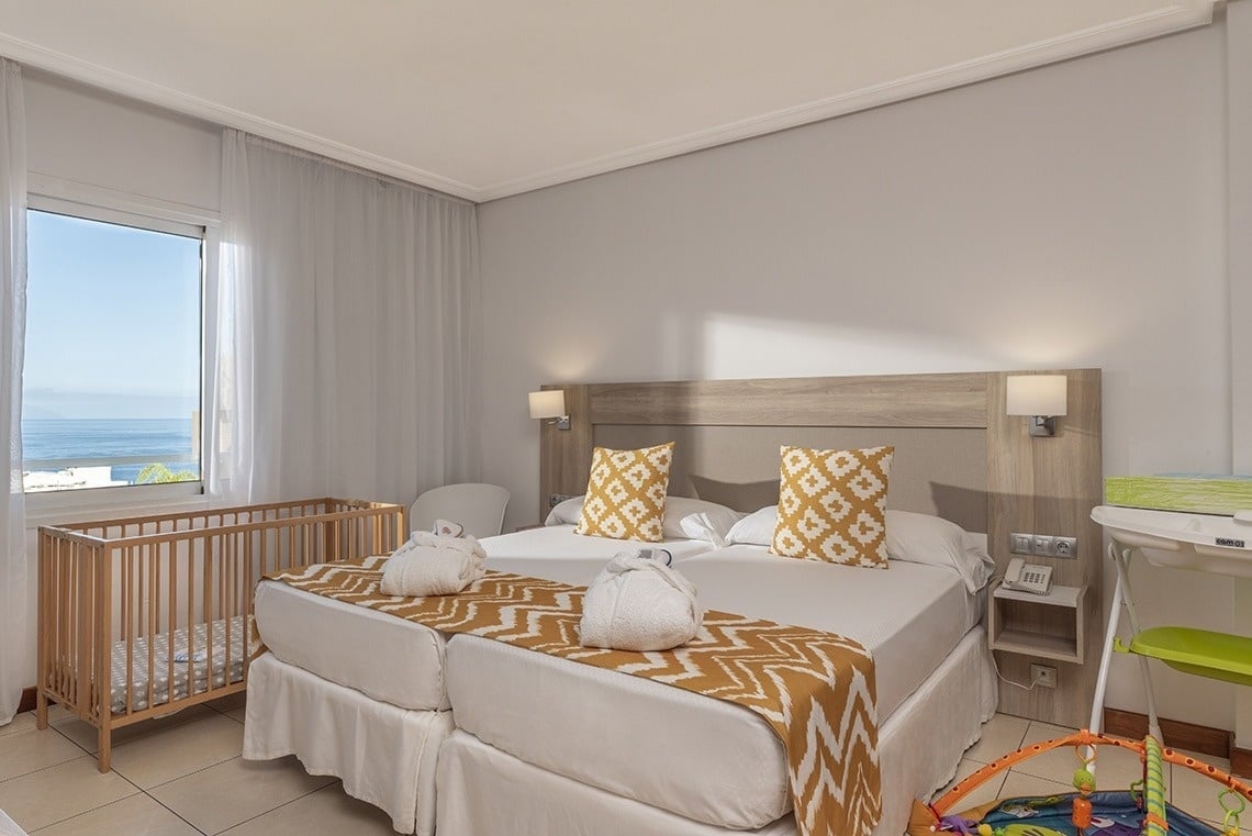 une chambre d' hôtel avec un lit jumeau et un berceau