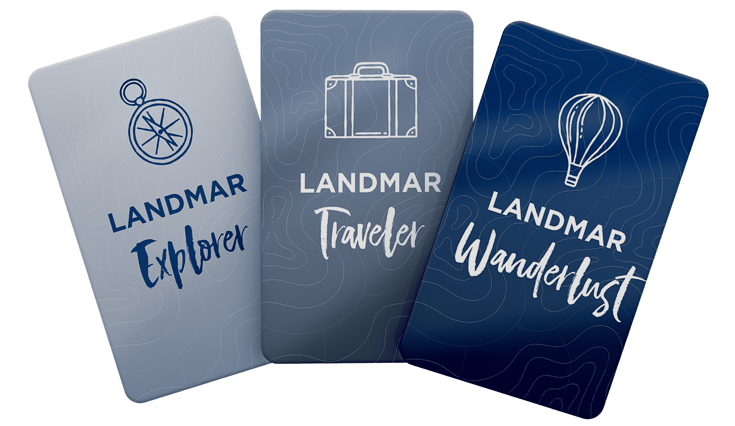 tres tarjetas azules con las palabras landmar explorador landmar traveler y landmar navigator