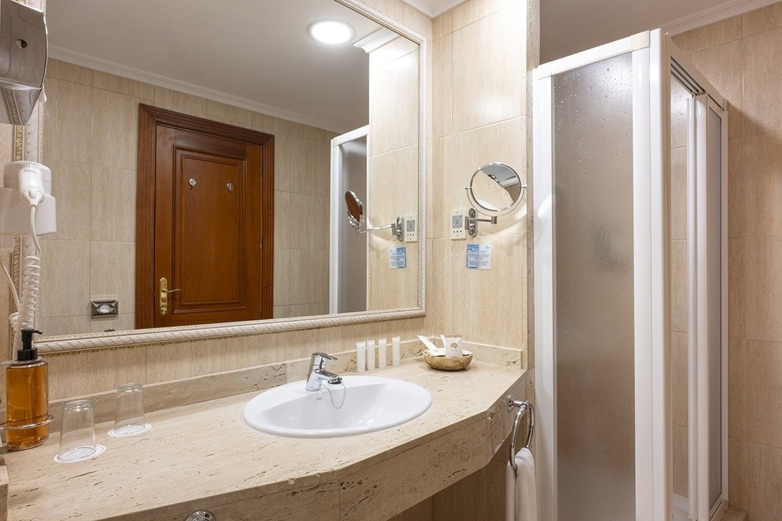 a bathroom with a sink a mirror and a shower