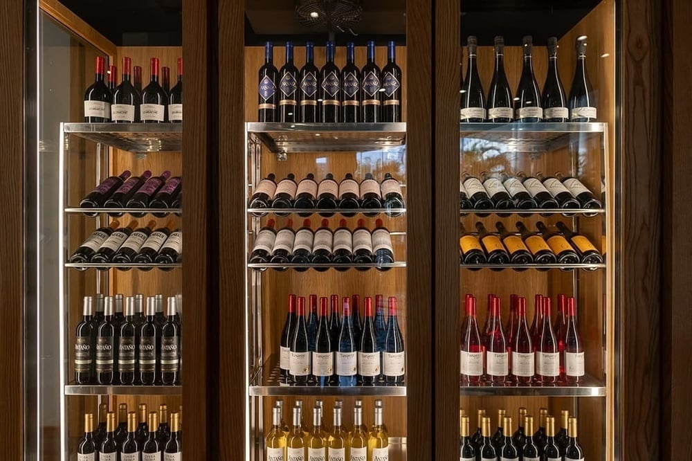 several bottles of wine are lined up in a display case