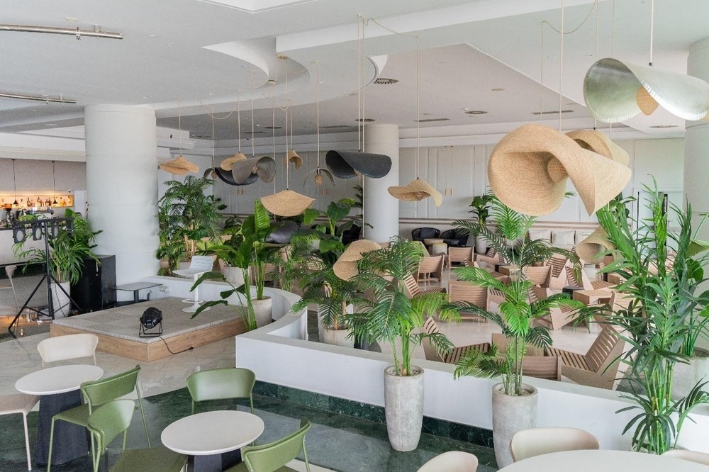 a room with tables and chairs and plants hanging from the ceiling