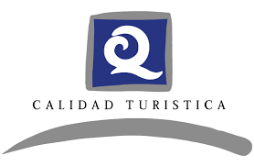 a logo for calidad turistica with a blue square and a white swirl