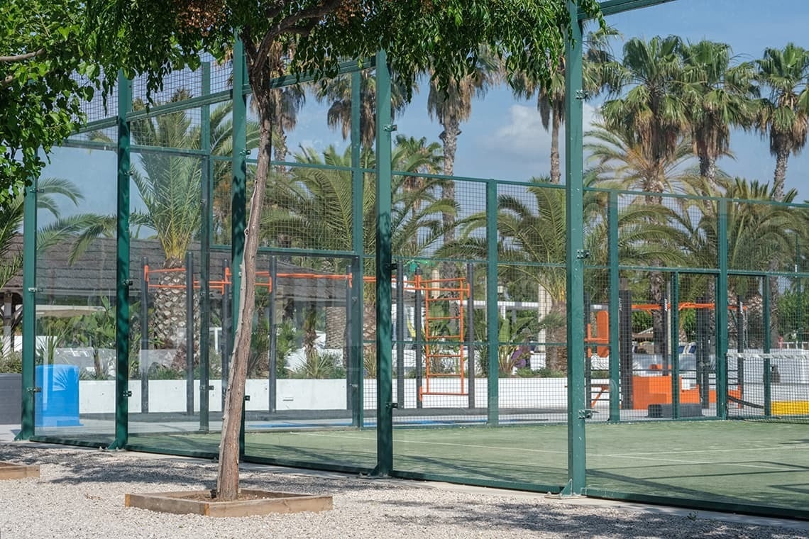una cancha de pádel está rodeada de palmeras y un árbol