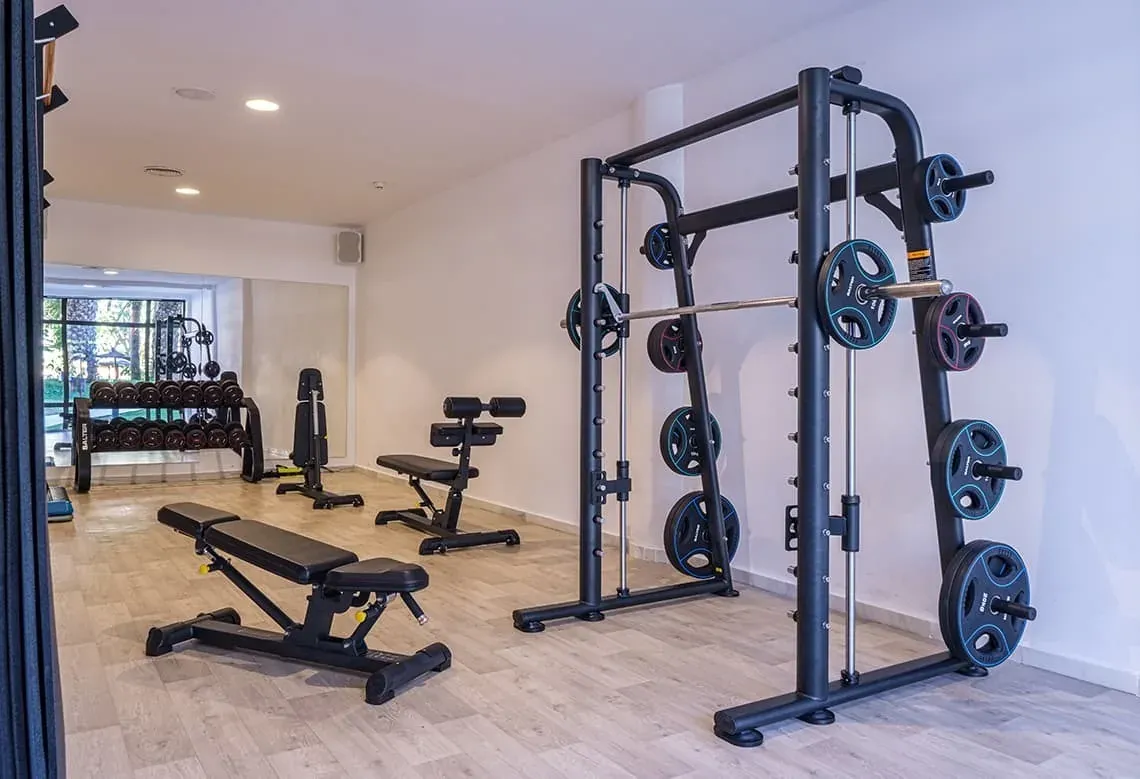 ESTIVAL Fitnessstudio: Hantelbank, Gewichte und Maschinen.