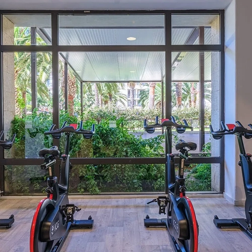 Exercise bikes in a bright gym with garden views at Estival Islantilla 4* | Huelva.