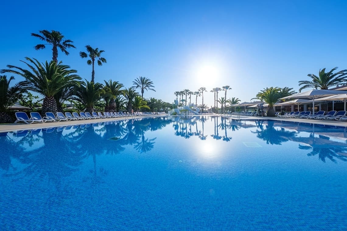 una gran piscina coberta de sillas i palmeres