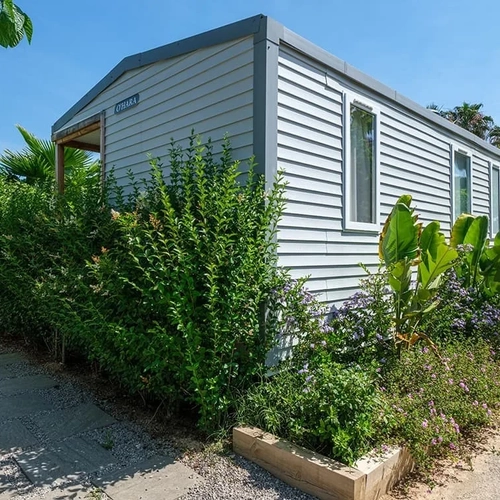 Estival Vendrell Platja: acogedora casa móvil rodeada de exuberante vegetación.