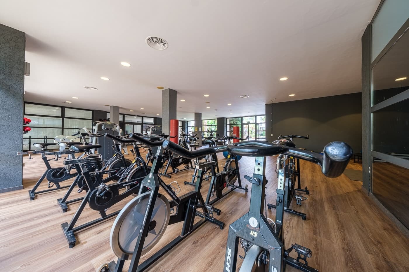 a row of exercise bikes are lined up in a gym