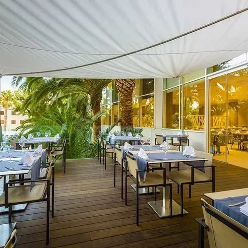 ESTIVAL: Corporate terrace with tables, pool, and palm trees.