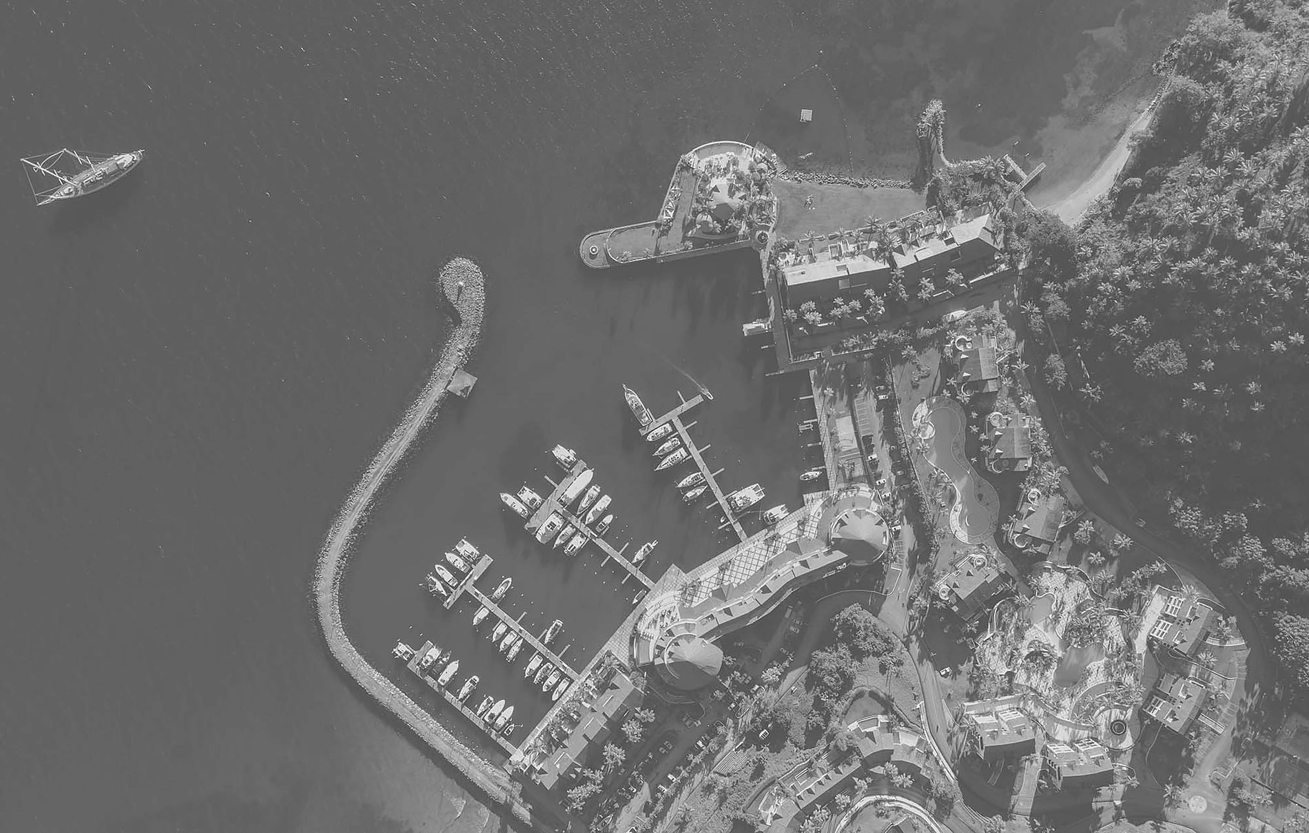 Aerial view of The Bannister Hotel, marina and Samaná Bay