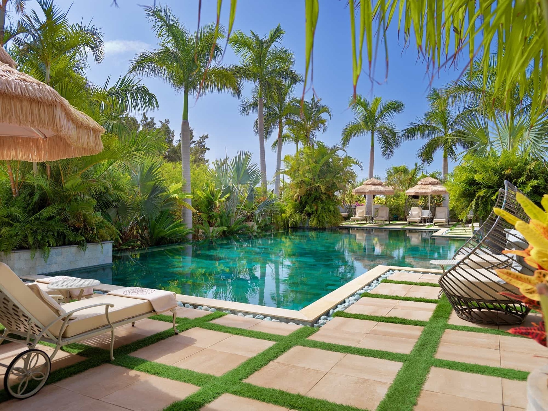 une grande piscine entourée de palmiers et de chaises longues